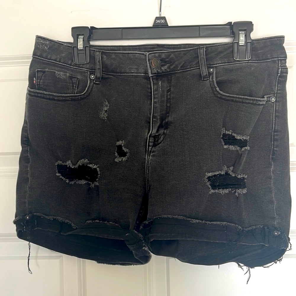 Distressed Hem Black Denim Shorts